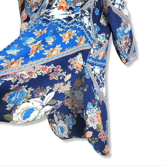 Westport Artsy Floral Patchwork 3/4 Sleeve Semi Sheer Long Tunic Blouse, M - Picture 5 of 11